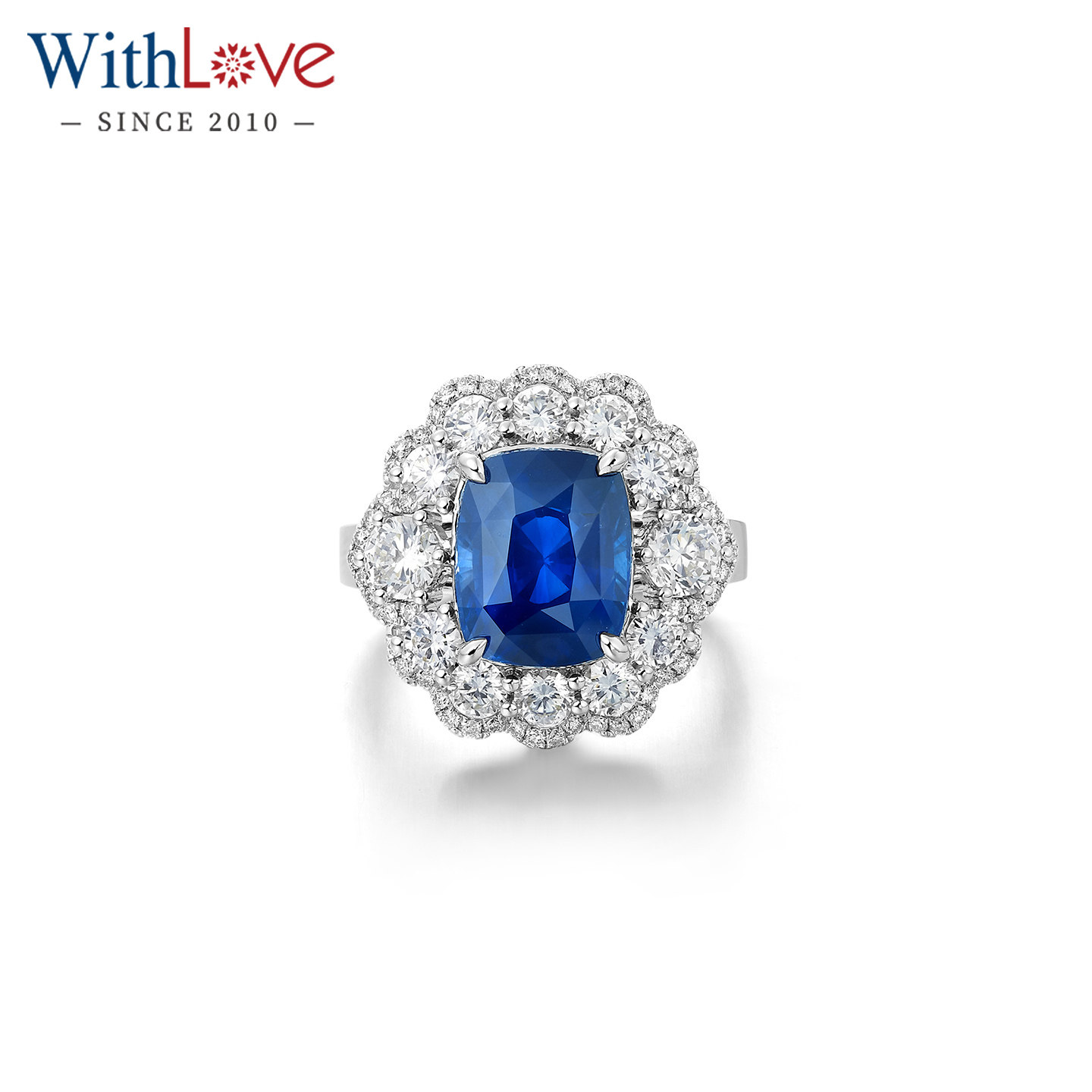WithLove 18K金垫形6克拉有烧蓝宝石皇家蓝豪华钻石戒指女戒定制