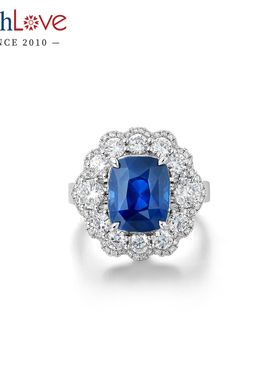 WithLove 18K金垫形6克拉有烧蓝宝石皇家蓝豪华钻石戒指女戒定制