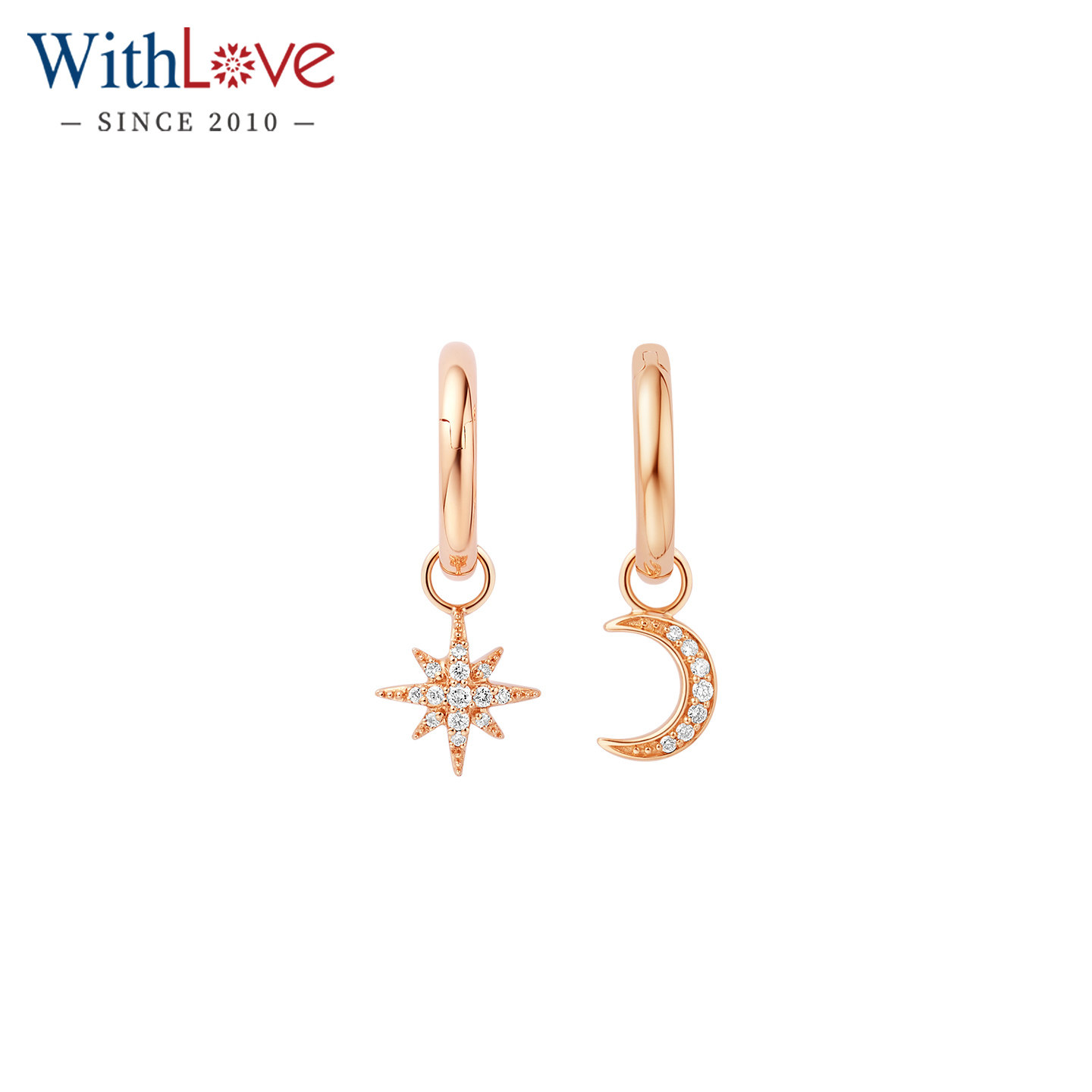 WithLove 18K金星星月亮群镶钻石耳环不对称两戴耳饰女正品真钻