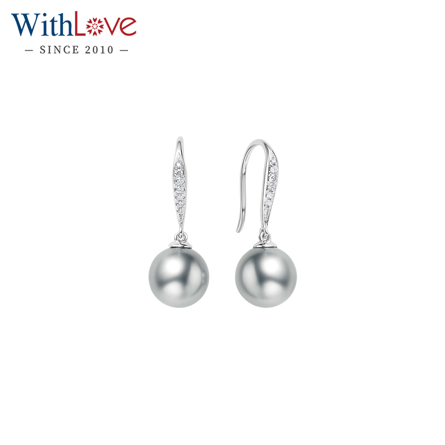 WithLove 白18K金大溪地海水银灰珠铂金灰珍珠钻石耳环时尚耳钩