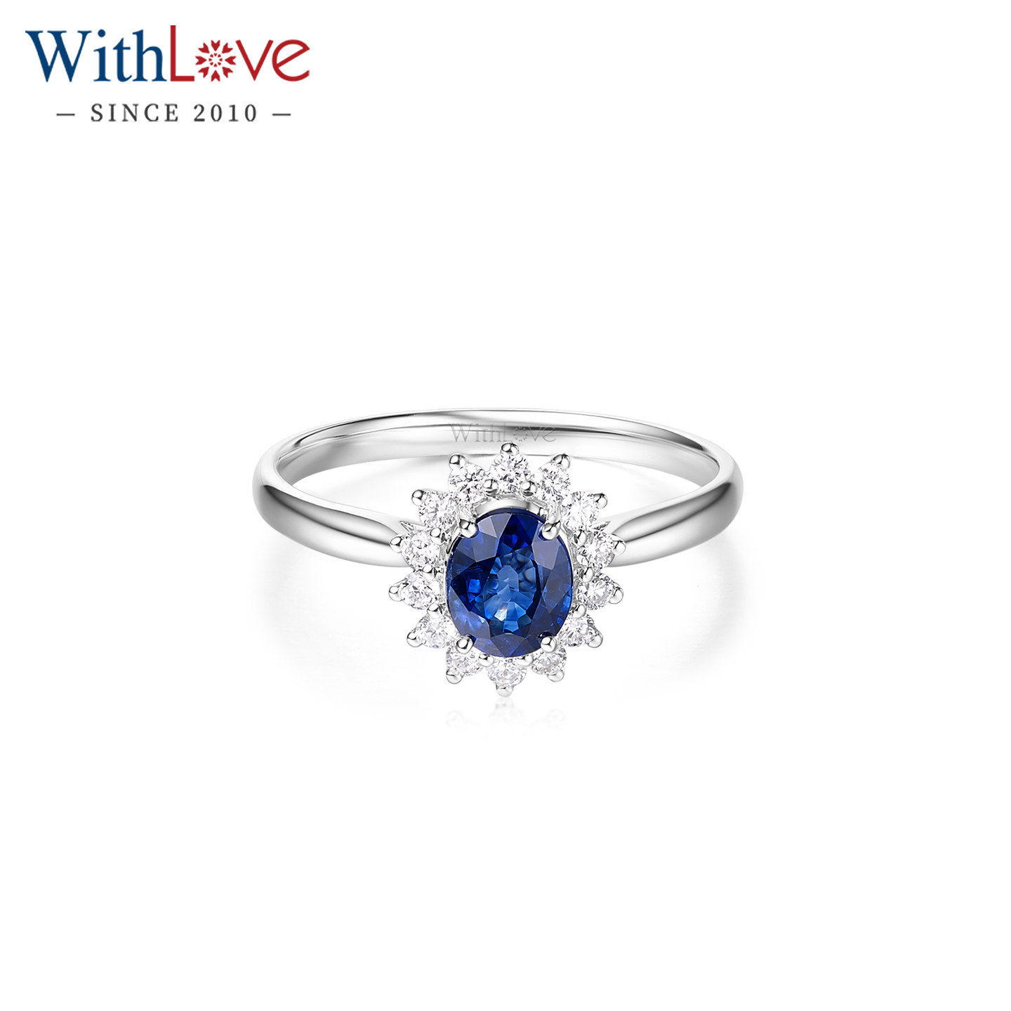 WithLove 18K金椭圆形有烧皇家蓝蓝宝石戴妃款1克拉围镶钻石戒指