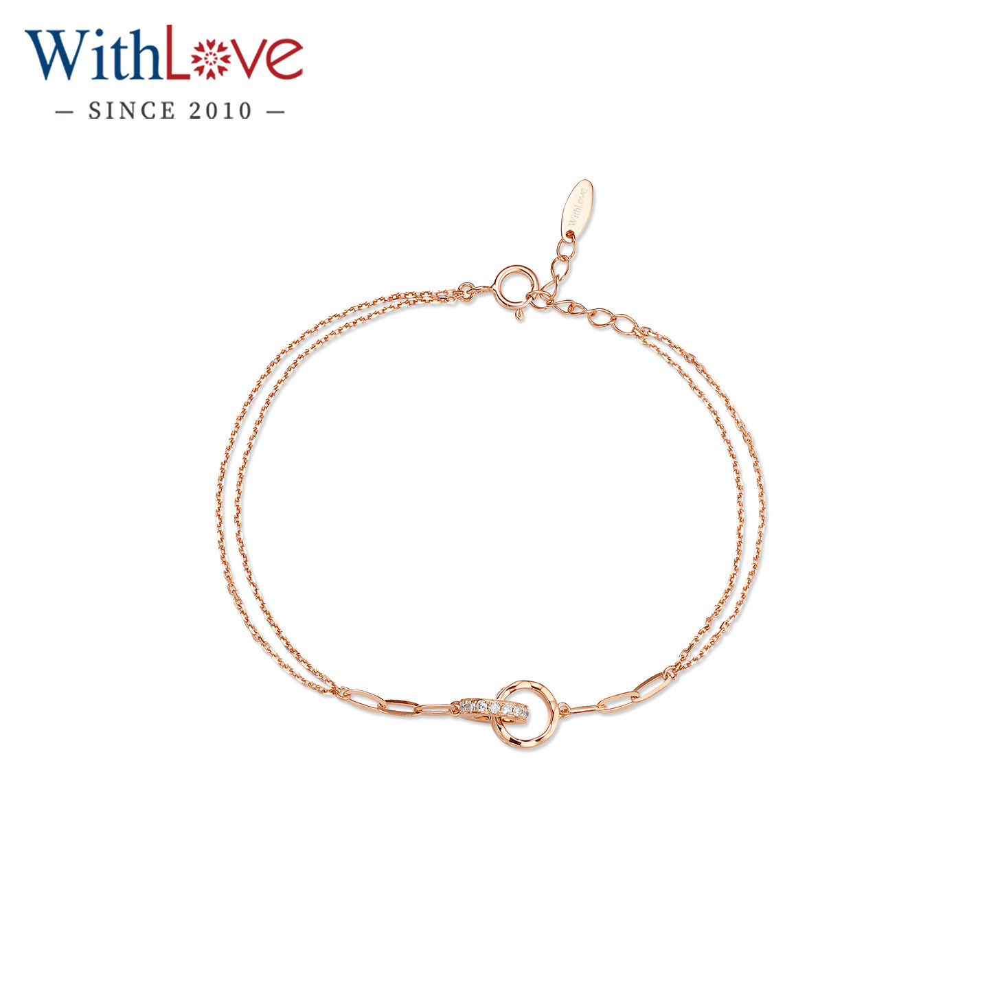 WithLove 玫瑰18K金圆环相扣群镶钻石手链双层叠戴时尚百搭送女友