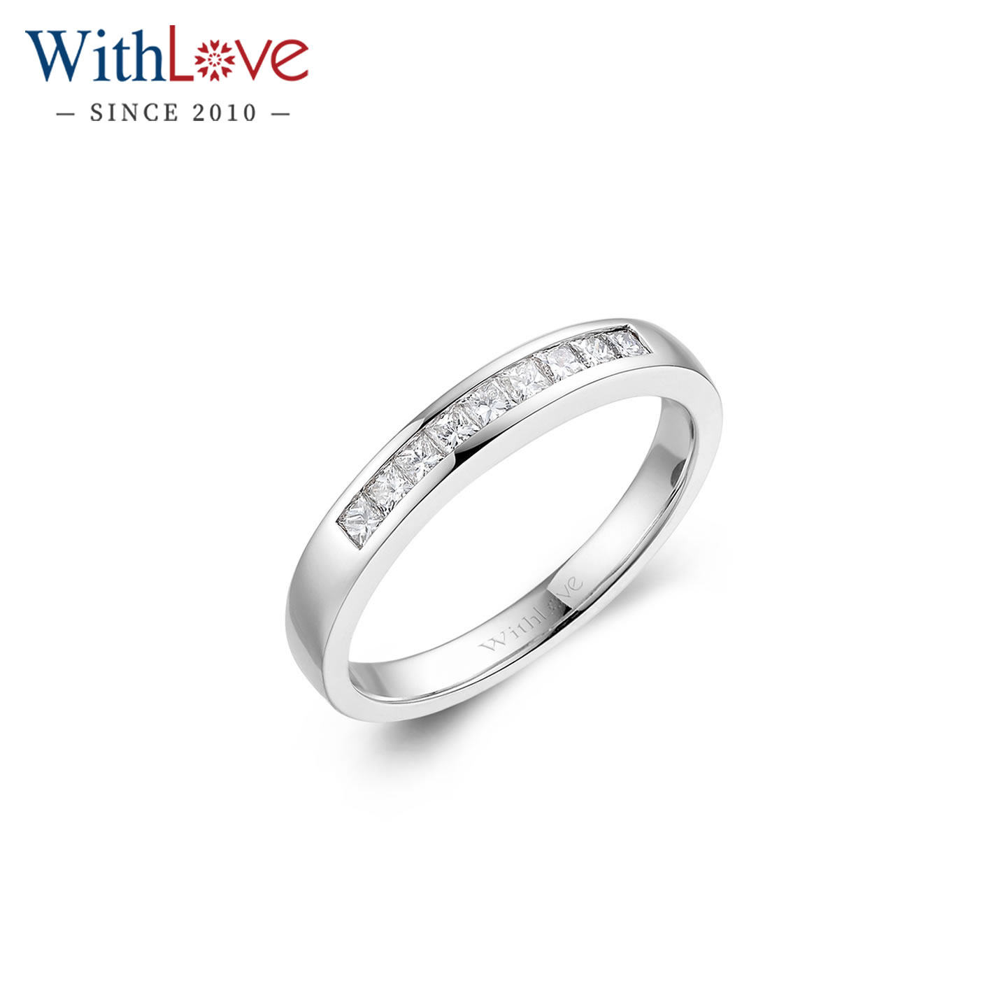 WithLove 白18K金25分公主方排钻戒指钻石女戒 方钻排镶钻戒定制