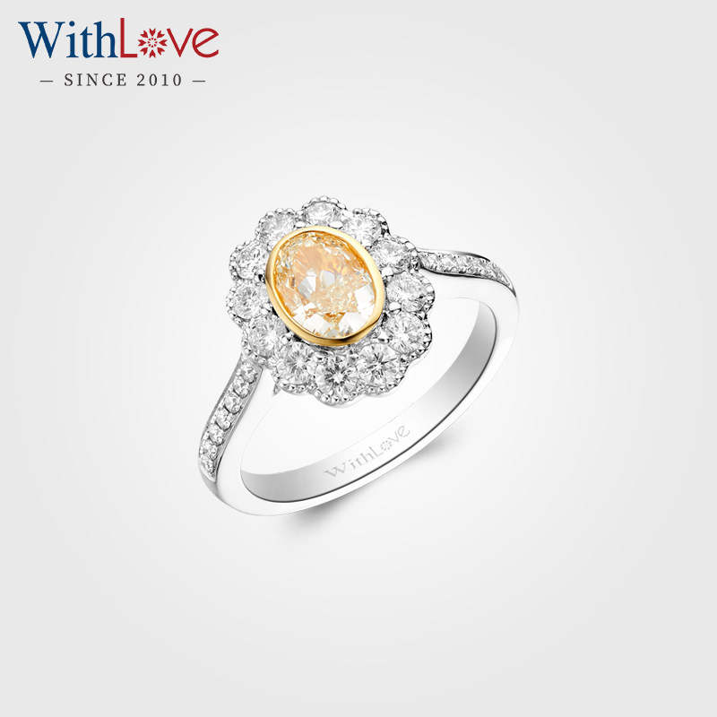 WithLove 白18K金中彩黄钻椭圆形戒指天然彩钻豪华花形钻戒定制