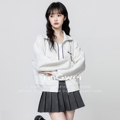 美式灰色翻领卫衣外套女2025春秋新款宽松休闲小狗拉链开衫短上衣