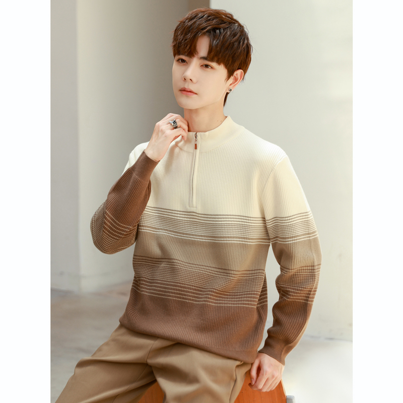 高端男士打底衫半拉炼毛衣针织衫秋冬季新款感宽松慵懒风半1204k