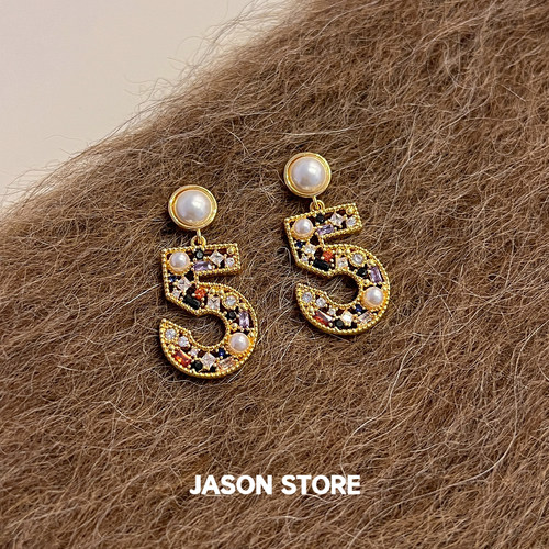 JASON/S925银针法式复古数字5珍珠耳钉女小众独特高级感轻奢耳饰