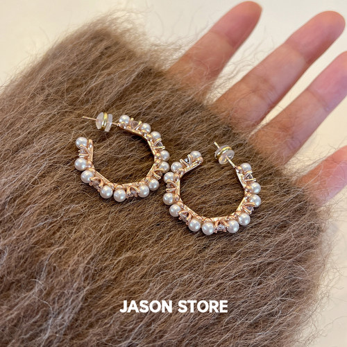 JASON/925银针高级感复古锆石珍珠C形耳圈女小众时尚轻奢气质耳饰