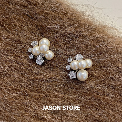 JASON/S925银针轻奢珍珠碎钻耳钉女独特漂亮小众气质百搭耳环耳饰
