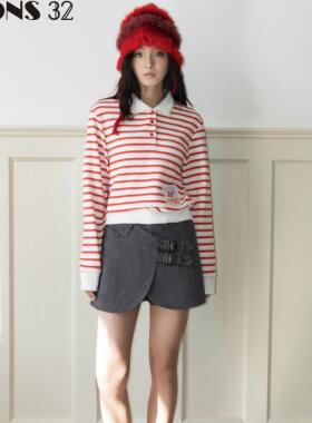FONS32新款miu里miu气春装红条纹上衣复古polo衫翻领长袖T恤女