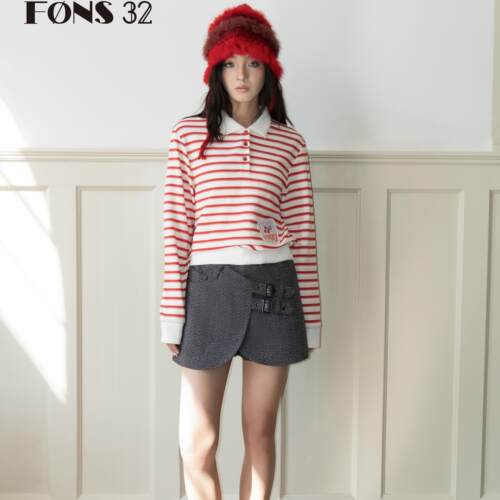 FONS32新款miu里miu气春装红条纹上衣复古polo衫翻领长袖T恤女