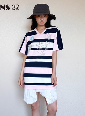FONS32复古球衣重工刺绣条纹T恤女短袖巨好看的V领上衣小众设计感