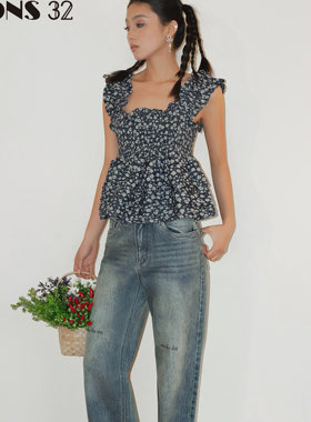FONS32夏季新款无袖设计感上衣牛仔吊带背心法式高端小碎花上衣女