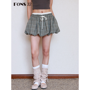 FONS32 蓬蓬短裙a字半身裙女2025新款百褶半裙格子蛋糕花苞裙裤
