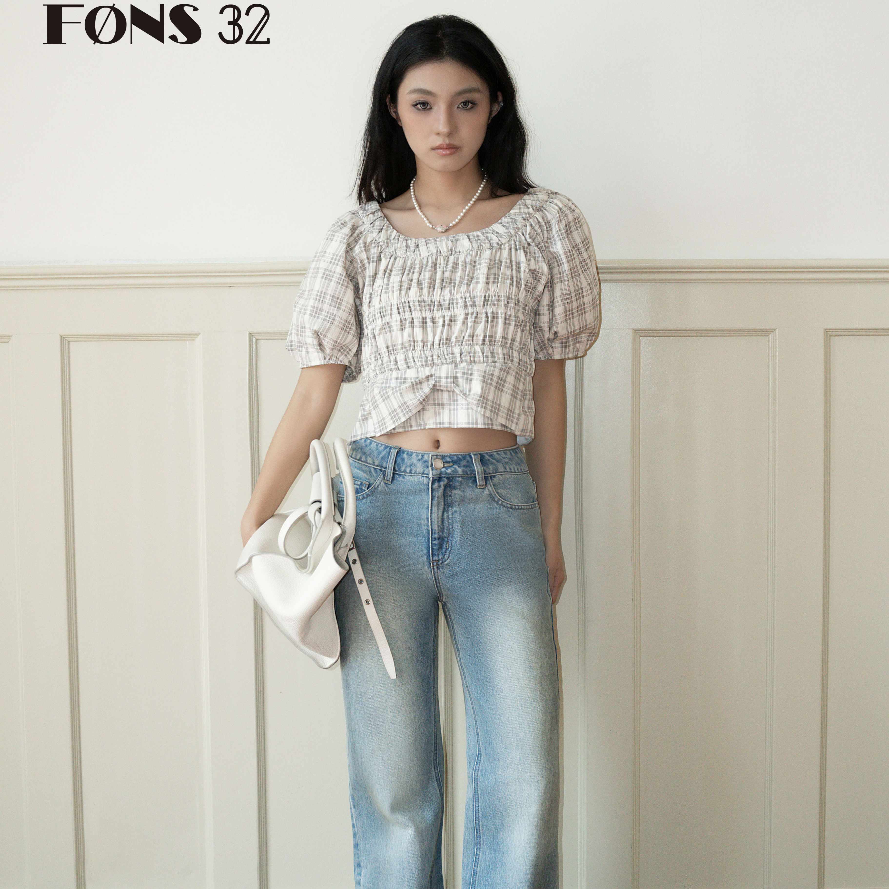 FONS32女装新款法式小众上衣泡泡袖短袖衬衫显瘦宽松格子上衣女