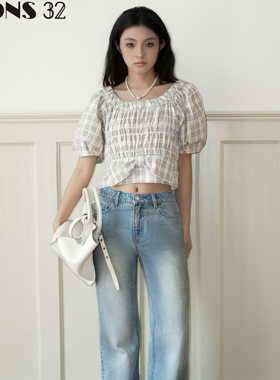 FONS32女装新款法式小众上衣泡泡袖短袖衬衫显瘦宽松格子上衣女