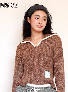 FONS32 新款v领毛衣女宽松显瘦咖色花纱翻领上衣针织衫女