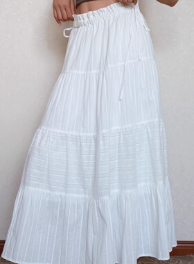 FONS32白色半身裙女蓬蓬蛋糕裙波西米亚风A字裙刺绣宽松长裙