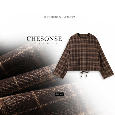 CHESONSE格纹绵羊毛低圆领短外套