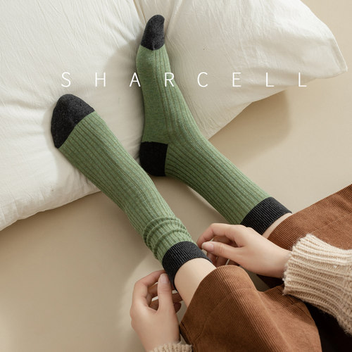 日系双针撞色堆堆中筒袜纯棉复古