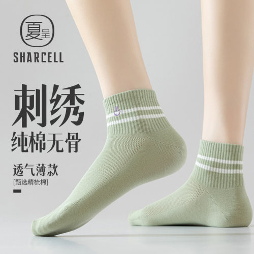 夏季薄款女短袜条纹刺绣