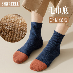 加厚毛巾底袜子男纯棉冬季 中筒袜加厚保暖黑色潮流复古秋冬短袜