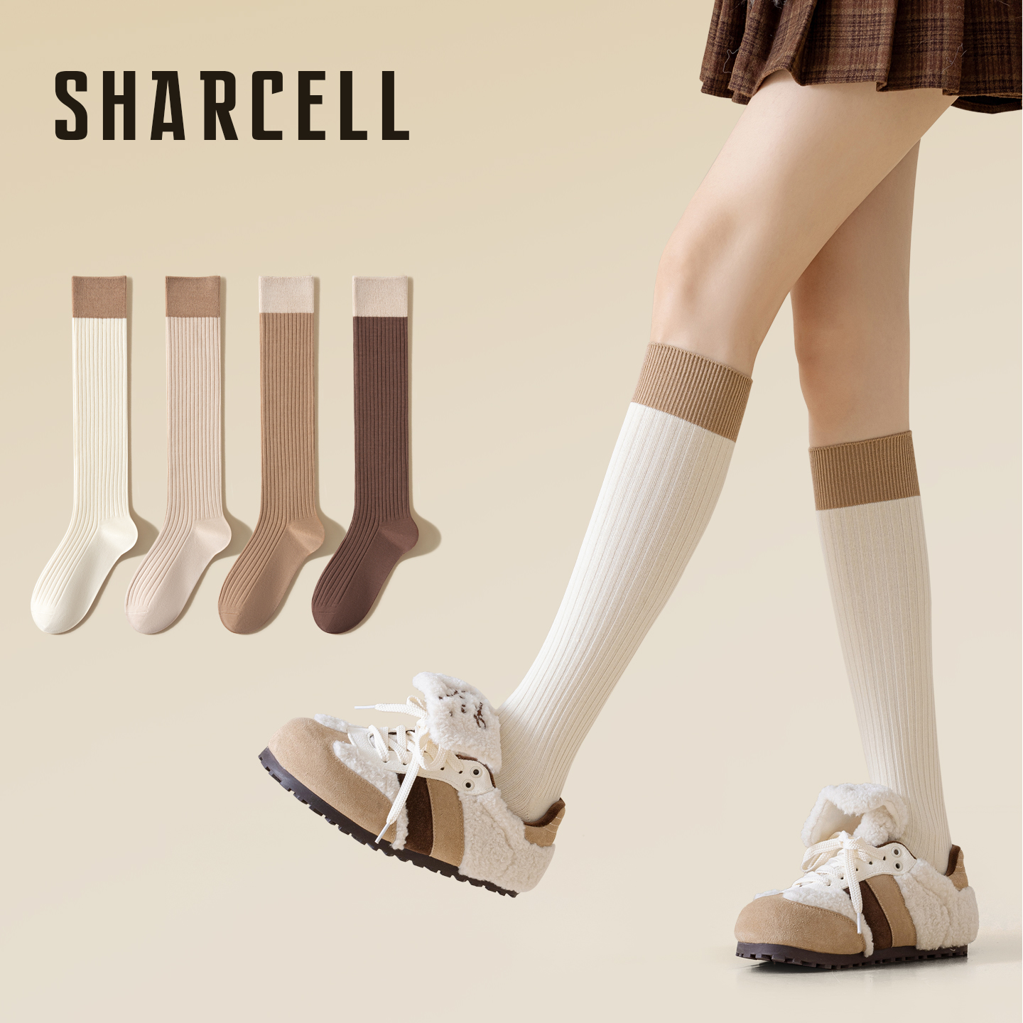 拼接撞色JK风双针小腿袜