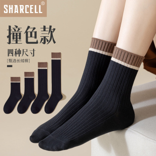 配小皮鞋 袜子女中筒袜纯棉春秋款 黑色日系复古条纹长袜2025新款