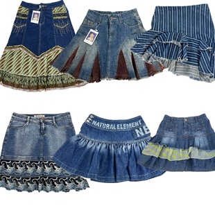 vintage古着88嬉皮海淘牛仔蛋糕裙女短裙荷叶边百褶层次感半身裙