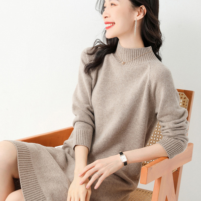 taobao agent Long keep warm woolen woolen dress, 2023, maxi length, high collar, mid-length