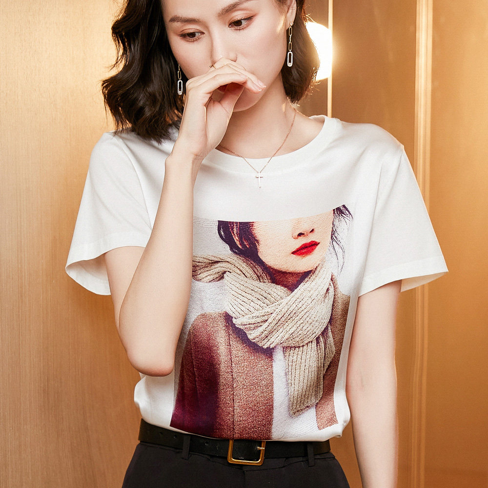 2021 new pattern Spring and summer Real silk Short sleeved T-shirt printing mulberry silk Satin Easy Versatile Show thin jacketin the Women's clothing/Boutique , T-shirt  category - from Buy2taobao.com to provide professional Taobao agent buy service