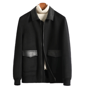 秋冬新款真皮拼接纯羊毛双面呢夹克男无羊绒时尚休闲毛呢大衣外套