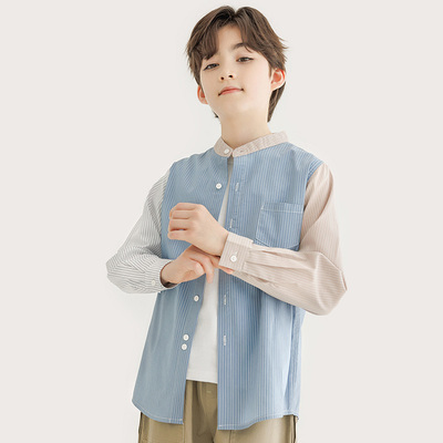 中大童男童拼接条纹长袖衬衫