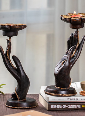 异丽泰国实木烛台禅意风佛手莲花