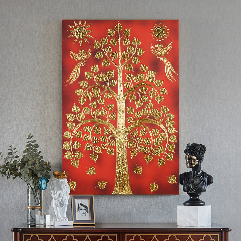 异丽泰国手绘金箔画泰式玄关壁挂东南亚风格装饰画菩提树装饰挂画