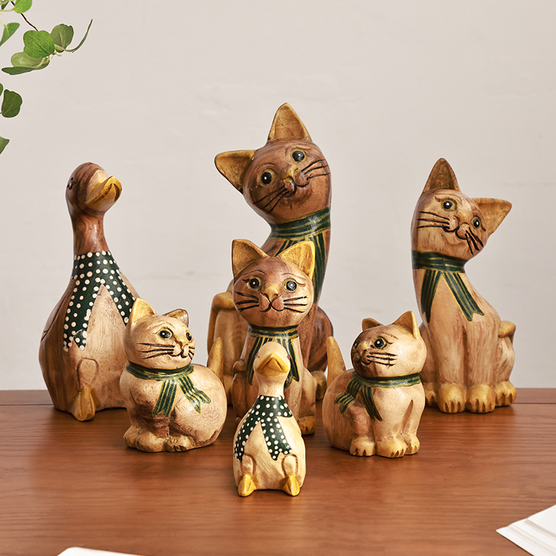异丽泰国实木工艺品创意猫咪摆件