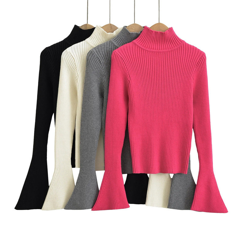 美式高领弹力修身显瘦喇叭袖针织衫女内搭长袖套头毛衣2025秋冬季,女装/女士精品,毛针织衫,淘宝优惠券,粉丝福利购,淘宝优惠卷