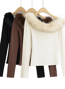 秋冬时尚气质斜领毛茸茸修身露肩长袖打底T恤上衣S21736