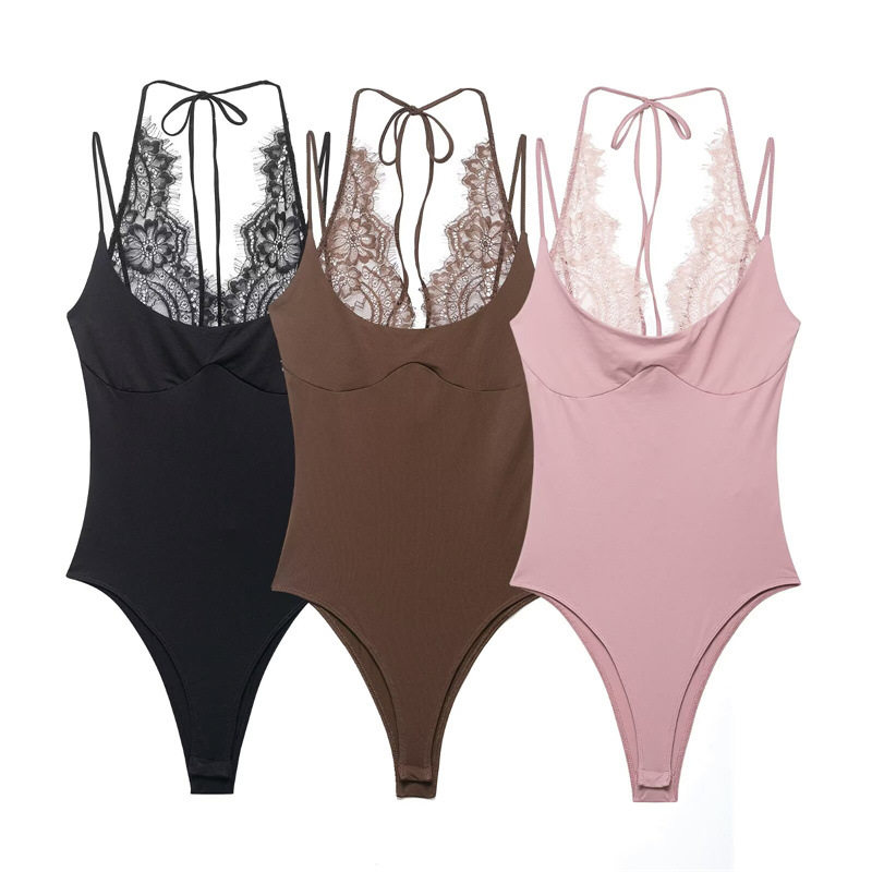 美式性感蕾丝拼接挂脖领连体衣修身显瘦打底吊带打底衫女夏季新款