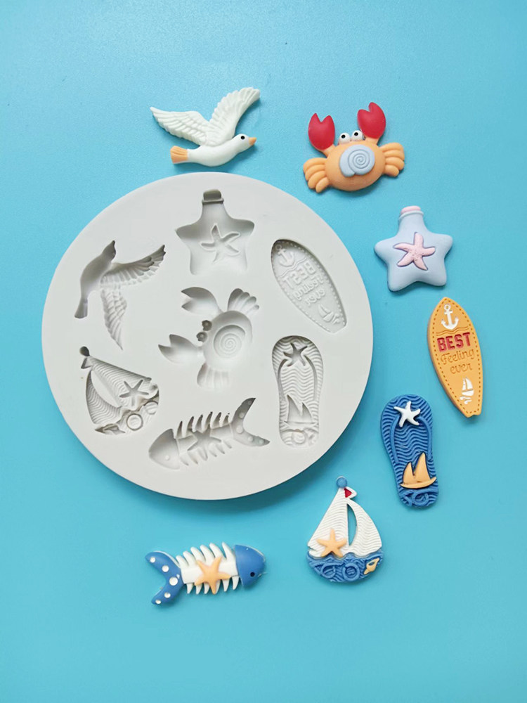 海洋主题可爱海鸥螃蟹翻糖巧克力硅胶模冲浪板漂流瓶蛋糕装饰磨具