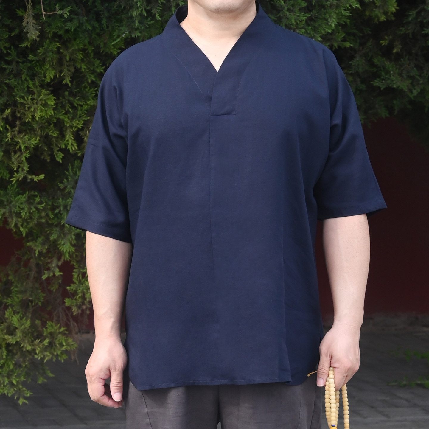真如界中国风男装汉服复古V领天丝麻半袖居士禅修大码深蓝色黑色