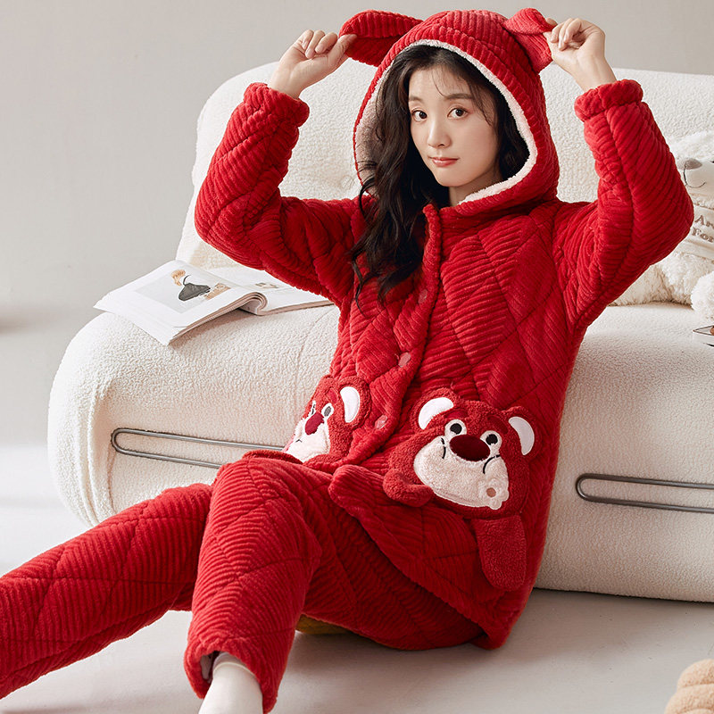 草莓熊睡衣女款冬季珊瑚绒三层加厚夹棉加绒保暖套装秋冬天家居服