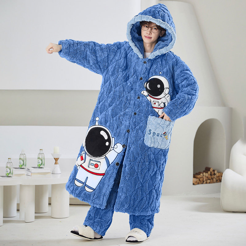 三层夹棉男士睡衣冬天加厚加绒保暖长款睡袍卡通珊瑚绒秋冬家居服