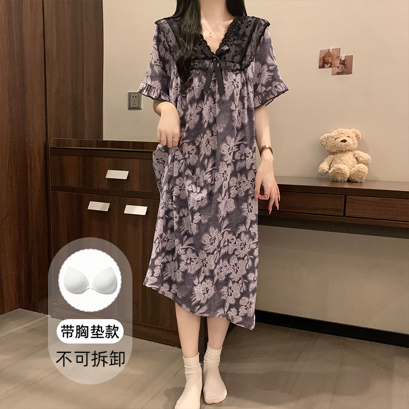 睡裙女夏季短袖带胸垫睡衣裙子薄款宽松女夏天中长款云朵棉连衣裙