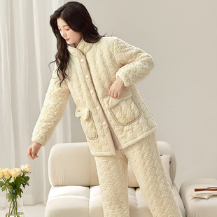 秋冬季珊瑚绒睡衣女三层夹棉袄加绒加厚保暖可外穿家居服冬天套装