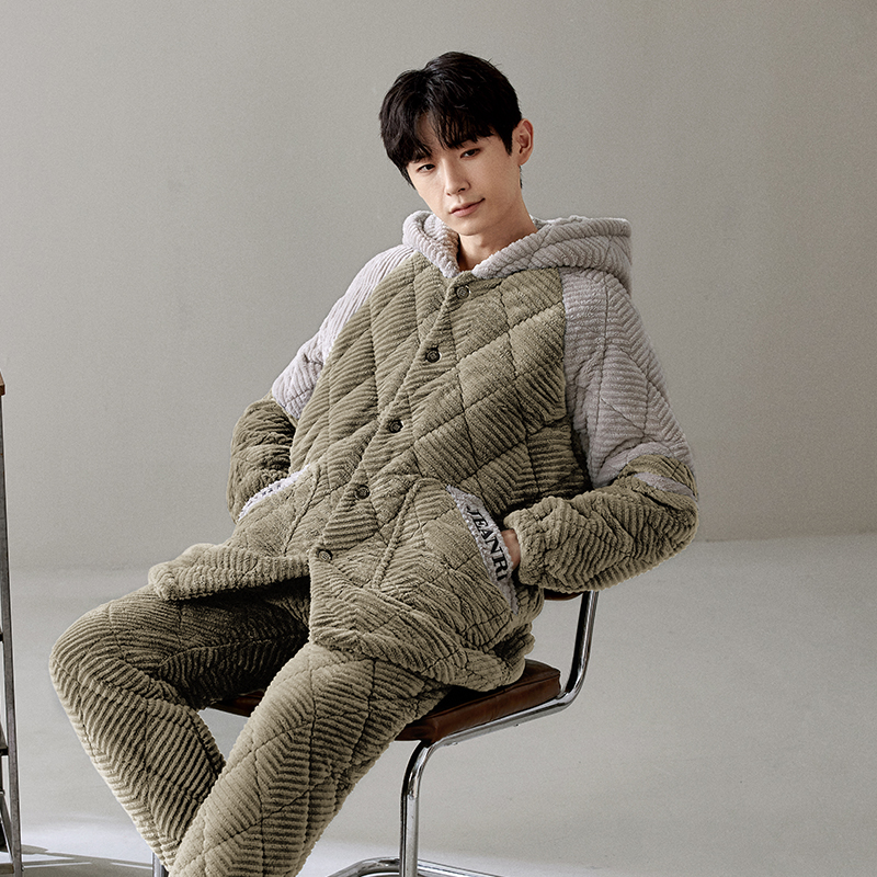 超厚睡衣男士冬款三层加厚夹棉