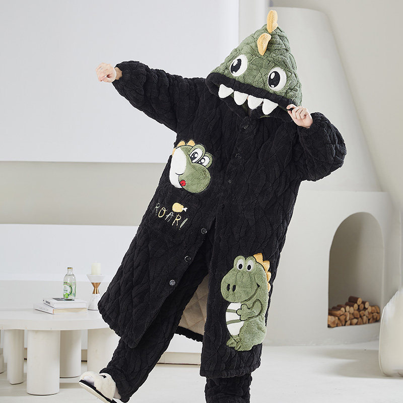 秋冬季珊瑚绒男士睡衣三层夹棉加厚加绒睡袍长款青少年家居服套装