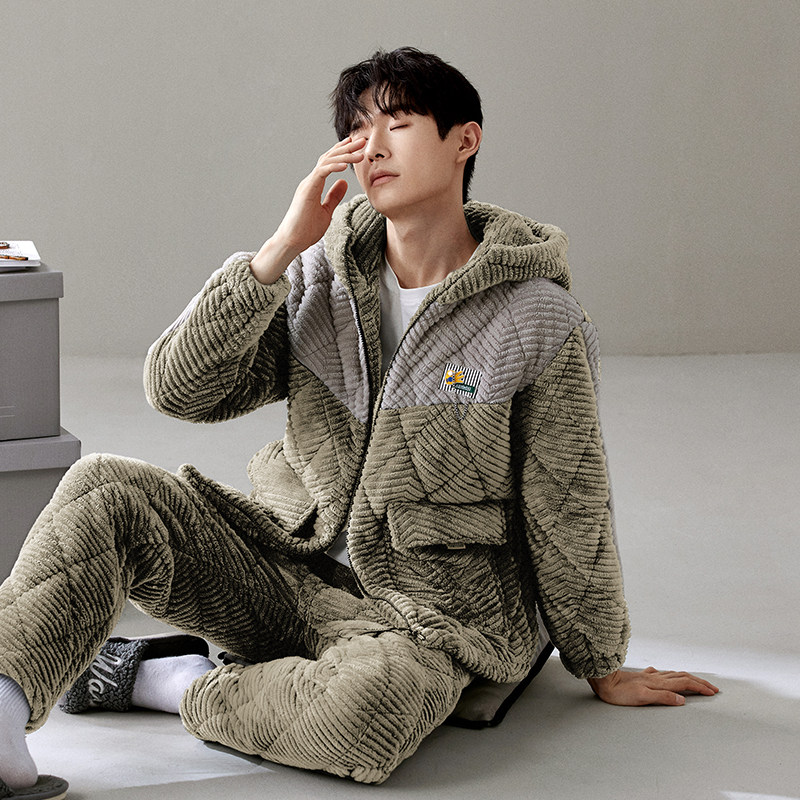 睡衣男2025秋冬季新款珊瑚绒男款加绒加厚三层夹棉冬款男士家居服