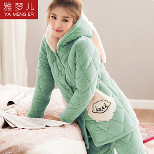 珊瑚绒睡衣女冬加厚加绒套装秋冬季三层夹棉保暖冬天可外穿家居服