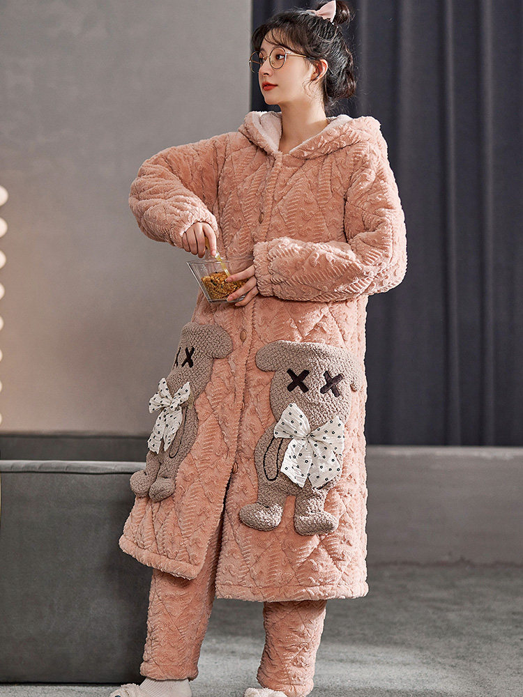 CORAL VELVET NIGHTGOWN WOMENS LONG AUTUMN AND WINTER THREE-LAYER PADDED JACKET THICKENED VELVET PAJAMAS WOMENS WINTER LOUNGEWEAR SET